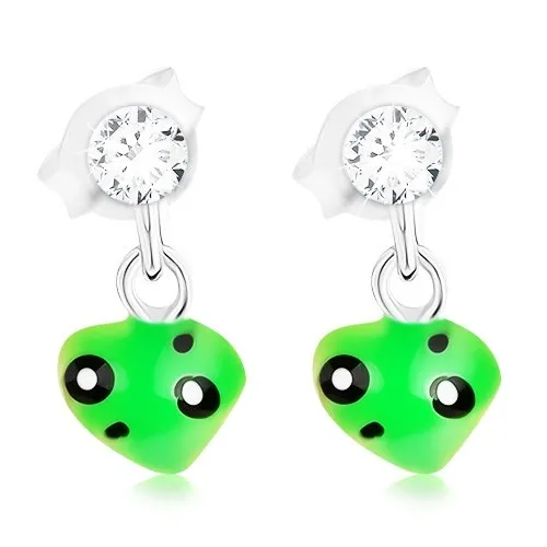 Puzetové náušnice s asymetrickým zeleným srdiečkom, striebro 925