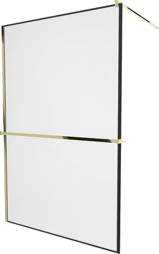 MEXEN/S - KIOTO Sprchová zástena WALK-IN s poličkou a držiakom uterákov 80 x 200, transparent/čierna 8 mm, zlatá 800-080-121-50-70