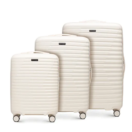 Sada kufrov z polykarbonátu s horizontálnymi rebrami, krémová 56-3P-61S-88