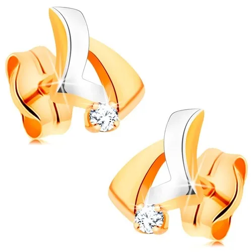 Zlaté 14K náušnice - dvojfarebný asymetrický trojuholník, okrúhly číry zirkón