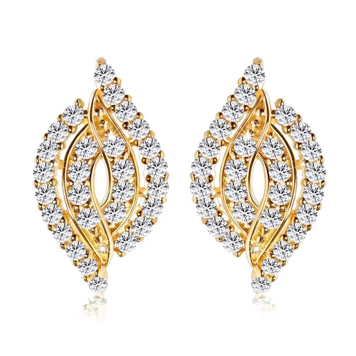 Zlaté 14K náušnice - zvlnené zrnko posiate líniou zirkónov