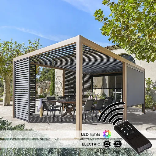 DEOKORK Záhradný hliníkový altánok elektrický MEGAN 6x3 m (efekt dreva)
