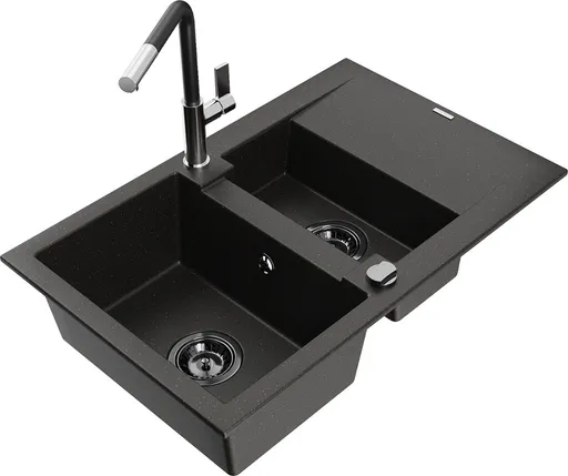 MEXEN/S MEXEN/S - Gaspar granitový drez 1.5 s odkvapkávačom vrátane batérie Flora, čierna/zlatá 6507-75-670401-07-B