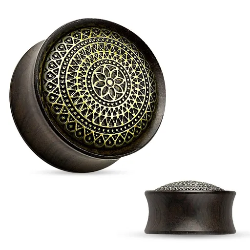 Drevený sedlový plug tmavohnedej farby, vyrezávaný kruh zlatej farby - Hrúbka: 10 mm