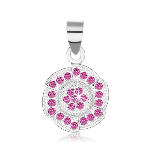 Prívesok, striebro 925, zaoblený šesťuholník, ružové zirkóniky, gravírované guličky