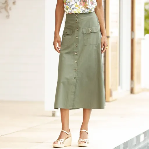 Midi sukňa na zapínanie, zo zmesi bavlny a ľanu