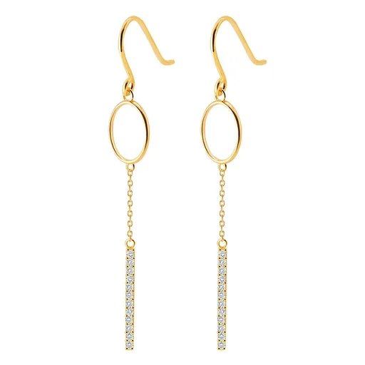 Visiace náušnice v žltom 9K zlate - oválne očko, číry zirkónový pásik