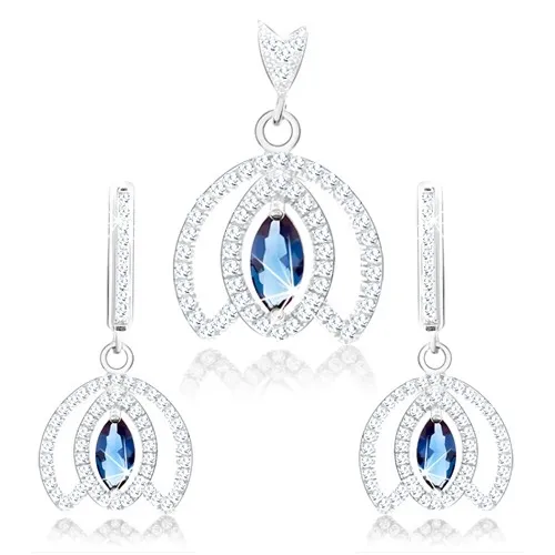 Strieborná 925 sada, prívesok a náušnice, obrys kalicha, modrý zirkón