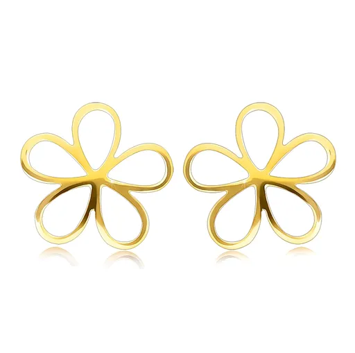 Puzetové náušnice zo žltého 14K zlata - tenký obrys kvietku, vysoký lesk