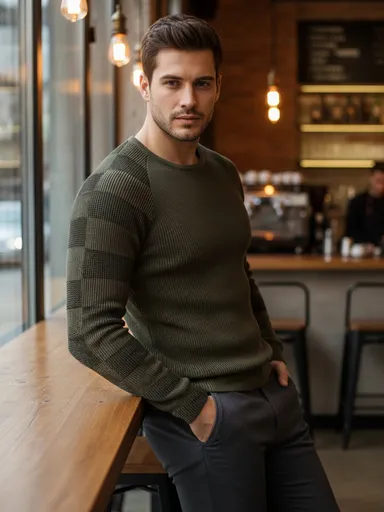 Pánsky khaki sveter v štýlovom prevedení.