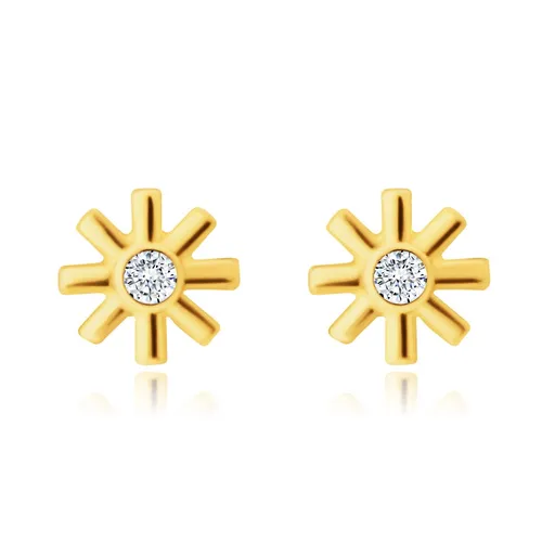 Zlaté 14K náušnice - kvietok, drobný okrúhly zirkón, tenké hladké lupienky, puzety