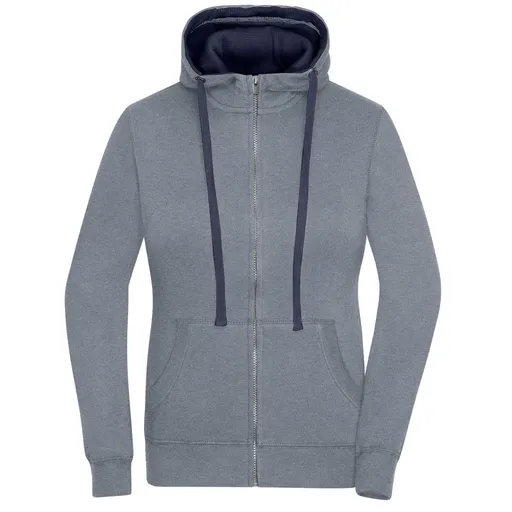 James & Nicholson (Daiber) Dámska mikina na zips s kapucňou JN962 - Šedý melír / tmavomodrá | XL