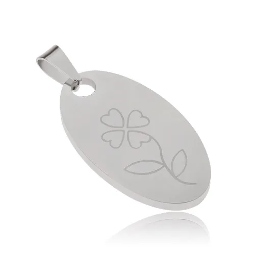 Lesklá oválna známka z chirurgickej ocele, gravírovaný štvorlístok