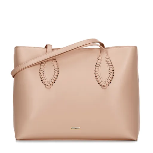 Dámska shopperka z ekologickej kože s pletenými akcentmi béžová 100-4Y-234-9