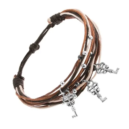 Šnúrkový náramok v hnedej, škoricovej, čiernej a bielej farbe, tri kľúče