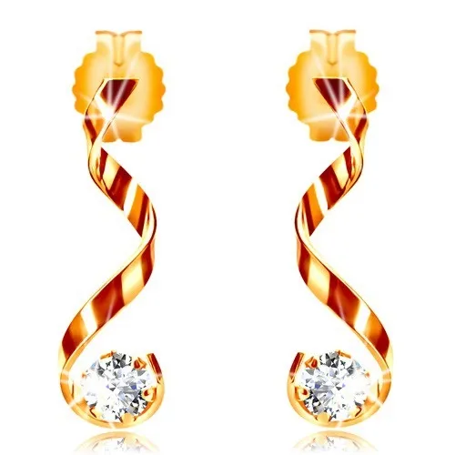 Náušnice v žltom 14K zlate - lesklá zvlnená línia, číry zirkón
