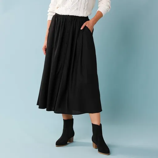 Midi sukňa na gombíky pre
		nižšiu postavu