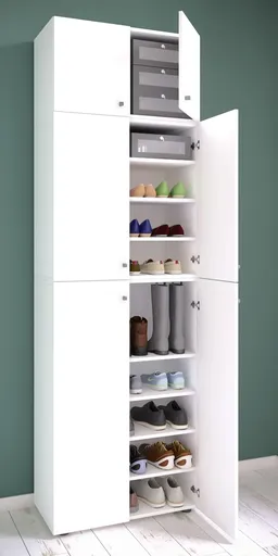 VCM Botník Lona XXL s 9 přihrádkami, otočné dveře s nástavcem, bílá