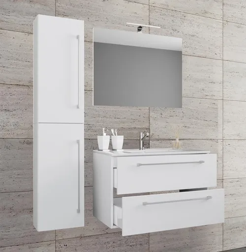 VCM 4dílná umyvadlová skříňka Badinos 2 zásuvky se zrcadlem 60 cm + vysoká skříňka, bílá