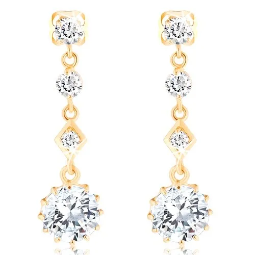 Visiace zlaté náušnice 585 - štyri ligotavé zirkóny čírej farby, puzetky