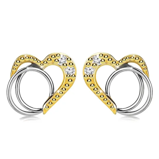 Náušnice z kombinovaného zlata 375 - srdce so zirkónmi, dvojitá obruč, puzetky