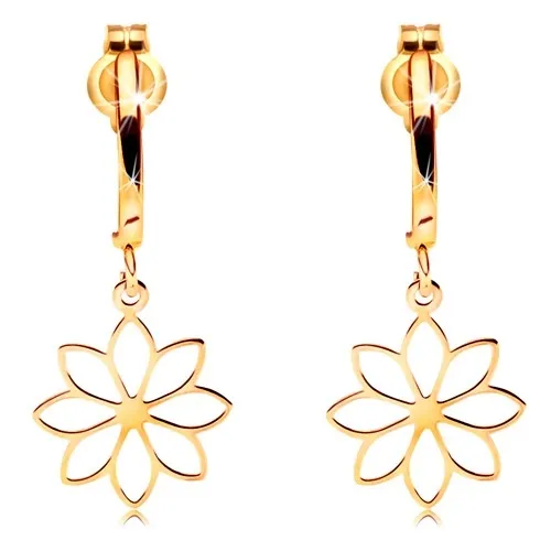 Náušnice v žltom 14K zlate - kontúra kvetu visiaca na lesklom oblúčiku