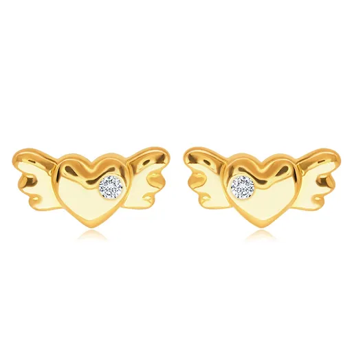 Puzetové zlaté 14K náušnice - plné symetrické srdiečko s krídlami a čírym zirkónom