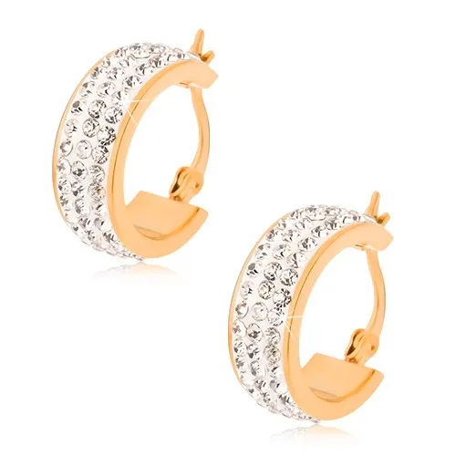 Oceľové náušnice, kruhy zlatej farby so zirkónovým stredovým pásom