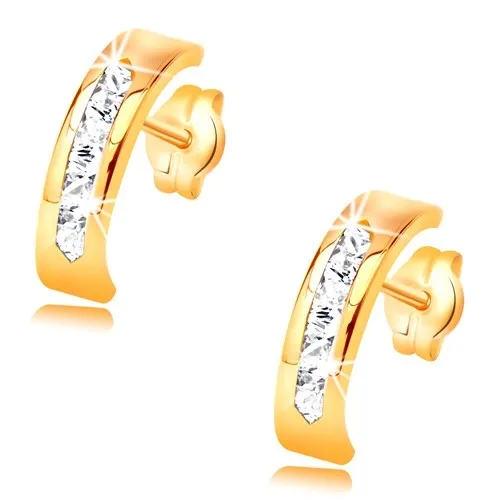 Náušnice zo žltého 14K zlata - oblúk zdobený líniou čírych zirkónov