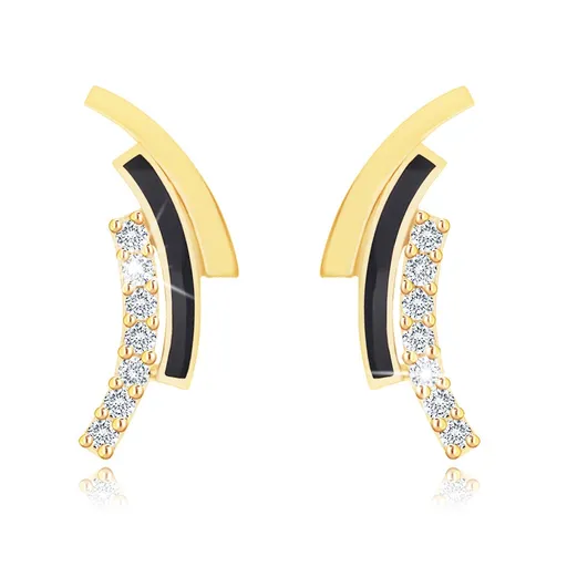 Zlaté náušnice 9K oblúky s čiernou glazúrou a zirkónmi