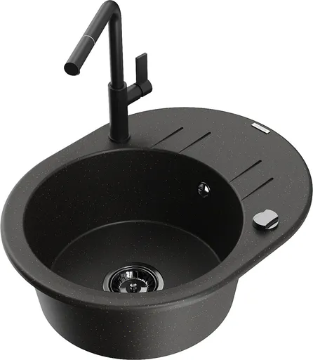 MEXEN/S MEXEN/S - Kevin granitový drez 1-miska s odkvapkávačom vrátane batérie Flora, čierna/zlatá metalik 6517-75-670401-70-B