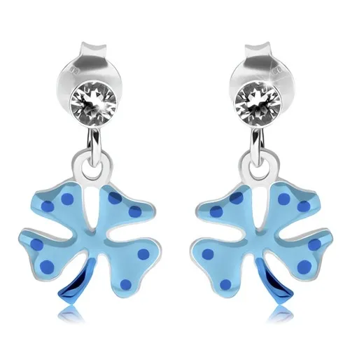 Puzetové náušnice, striebro 925, svetlomodrý štvorlístok pre šťastie, zirkónik