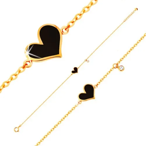 Náramok v žltom 14K zlate - čierne asymetrické srdce a číry zirkónik, retiazka