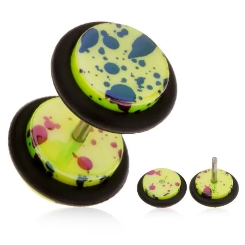 Falošný plug do ucha z akrylu, neónovo žltý povrch, olejové škrvny