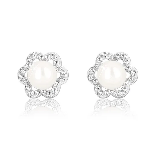 Náušnice z bieleho zlata 375 - kvet so šiestimi lupeňmi, zirkónová kontúra, biela perla