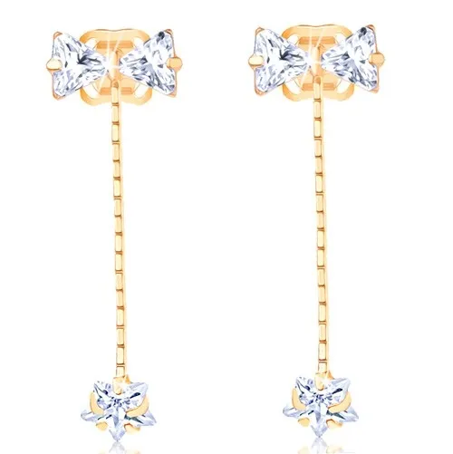 Zlaté visiace náušnice 14K s mašľou a zirkónovou hviezdou