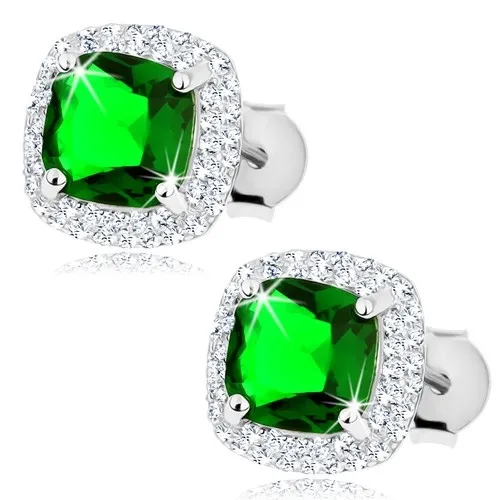 Strieborné náušnice 925, zelený zirkónový štvorec, dvojitý číry lem, puzetky