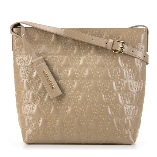 Damska torebka skórzana typu worek z przeszyciami beżowa 99-4E-634-9