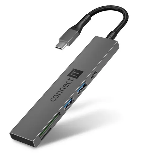 CONNECT IT USB-C húb, 2x USB-A, 1x USB-C, 1x SD karta, 1x MicroSD karta, sivá