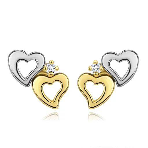 Zlaté náušnice 9K dvojfarebné srdcia s čírym zirkónom