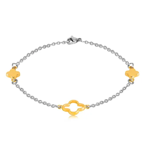 Náramok z ocele v zlatej a striebornej farbe - menšie kvety, obrys kvetu v strede