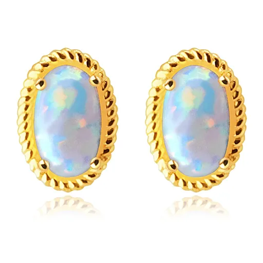 Náušnice v 14K žltom zlate - syntetický opál uchytený paličkami, vrúbkovaný lem
