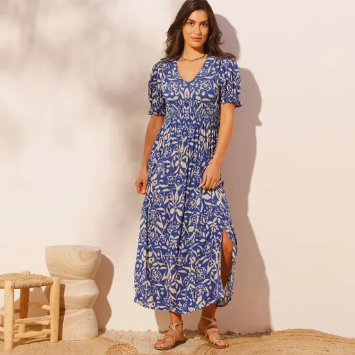 Dlhé šaty s modrobéžovou potlačou