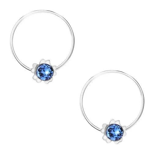Strieborné náušnice 925, modrý okrúhly Swarovského krištálik, kvietok