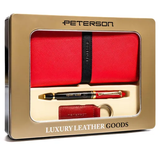 Elegantná červená darčeková sada pre ženu – peňaženka, kožená kľúčenka a pero