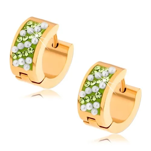 Oceľové náušnice zlatej farby, svetlozelené kamienky, biele guličky