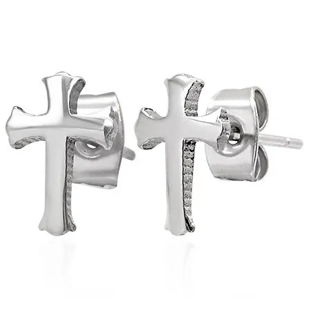 Náušnice z chirurgickej ocele, strieborný odtieň, menší jetelový krížik