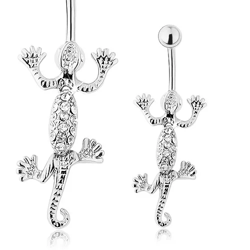 Oceľový piercing do pupka, pohyblivá jašterička striebornej farby, číre zirkóniky