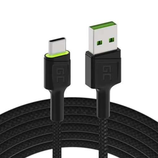 Green Cell Cable Ray USB kábel - USB-C 120 cm so zeleným LED podsvietením a podporou rýchleho nabíjania Ultra Charge, QC 3.0
