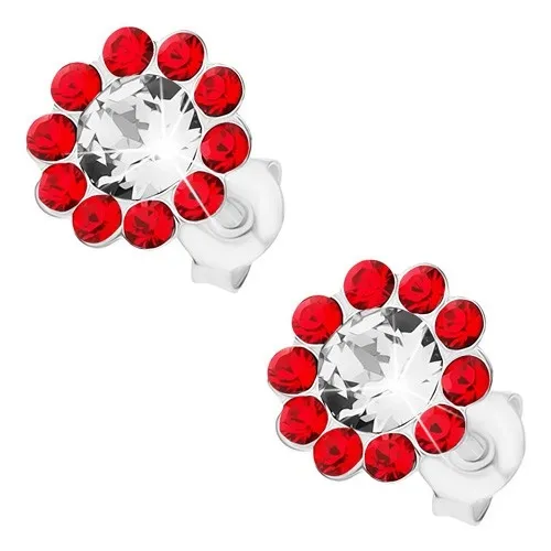 Náušnice zo striebra 925, kvietok z čírych a červených krištáľov Preciosa